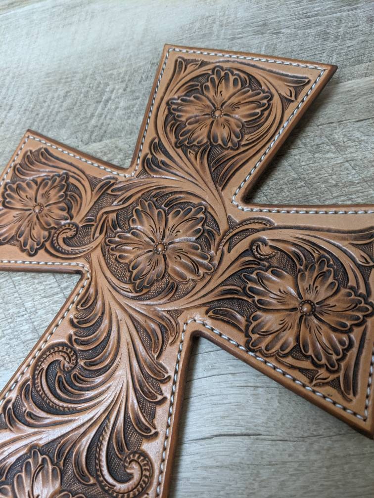 Floral Carved Leather Wall Hanging Cross