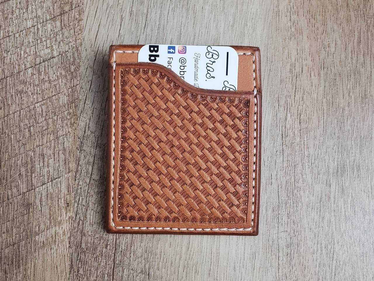 Basket Stamped Leather Card Wallet with Attached Metal Money Clip