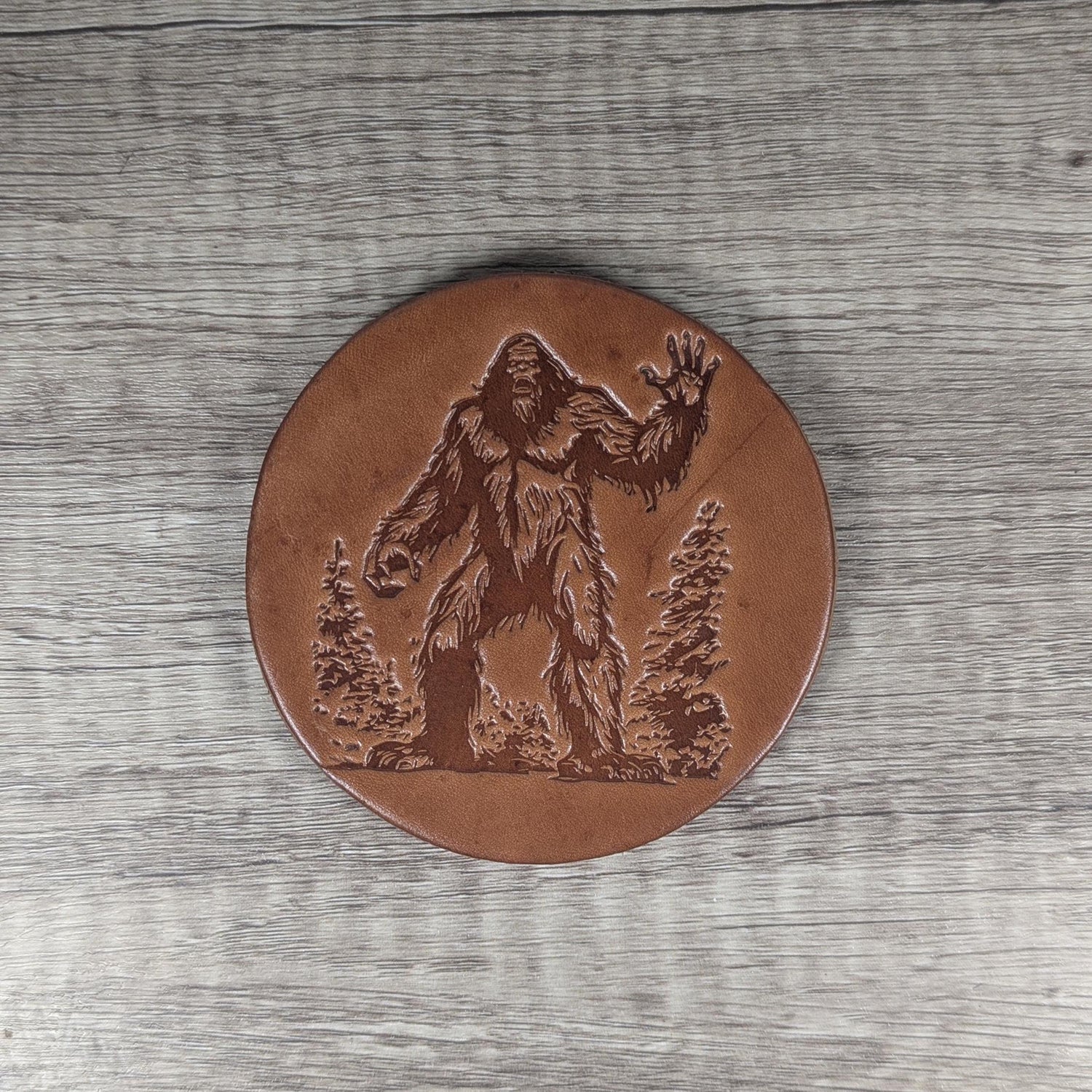 Bigfoot Leather Coasters - Set of 4 Handmade Embossed Coasters - Rustic Home Décor