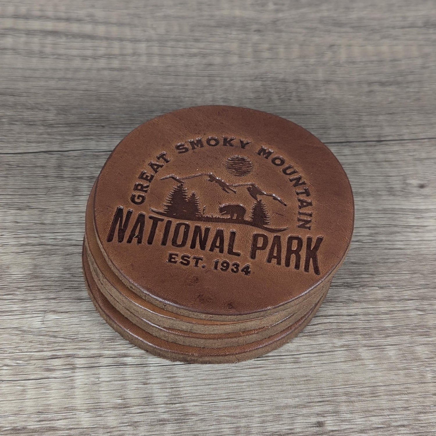 Great Smoky Mountains Leather Coasters - Set of 4 Handmade Bear and Mountain Design Great Smoky Mountains National Park