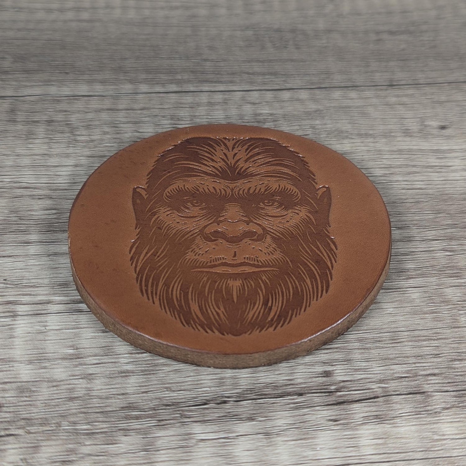Sasquatch Head Leather Coasters - Set of 4 Handmade Embossed Coasters
