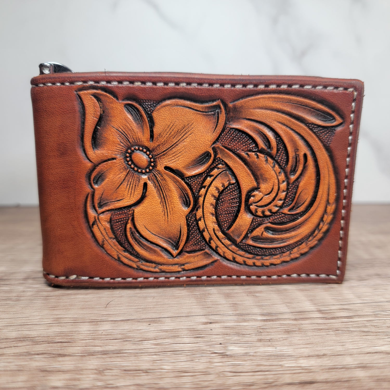 Slim Bi-fold Money Clip Front Pocket Floral Tooled Leather Wallet In-Stock