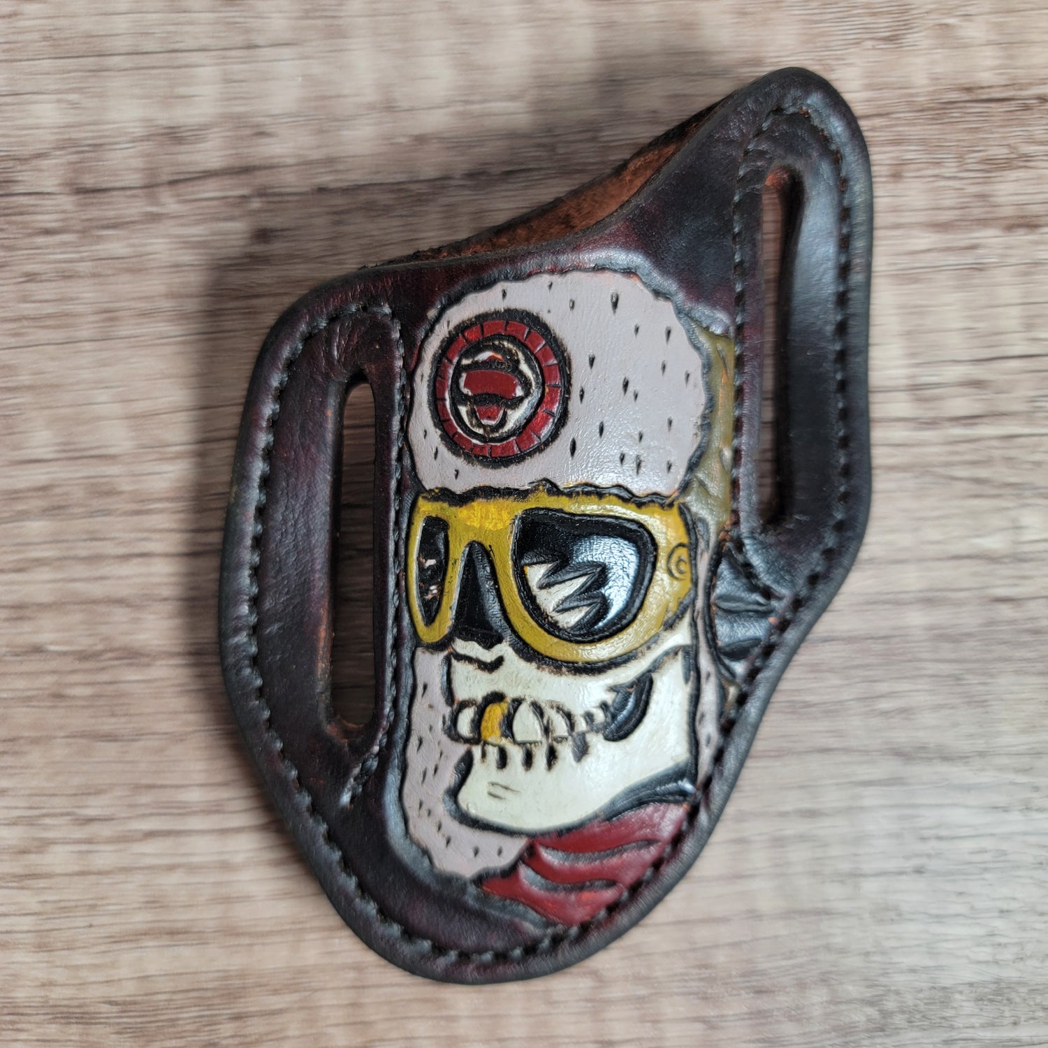 Hand Tooled Voo-Doo Ranger Skelton with Dark Brown Background Sheath - In Stock