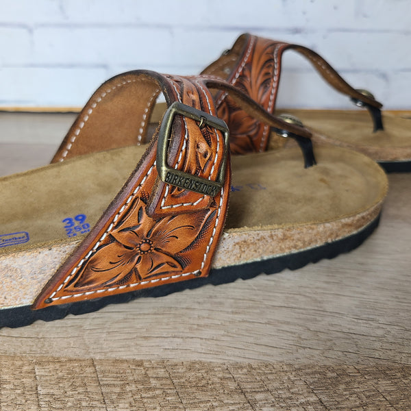 Floral Tooled Leather Gizeh Birkenstock In Stock Bbrosleather