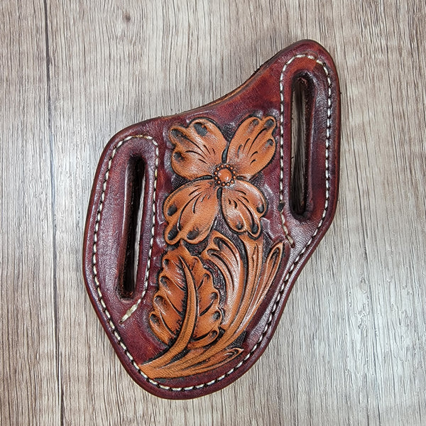 Floral Tooled Dark Brown Background Leather Pancake Sheath - In Stock