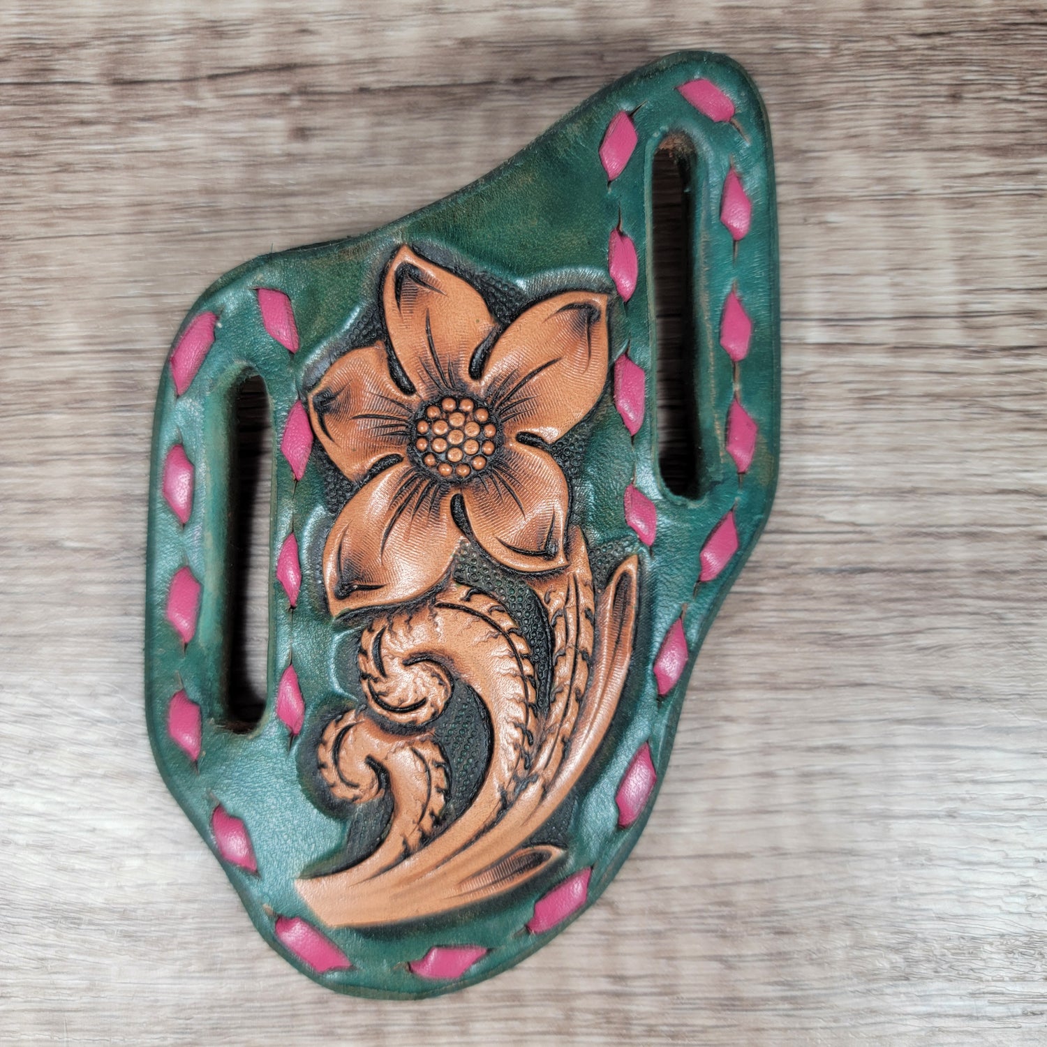 Floral Tooled Trapper Sheath with pink buckstitch - In Stock