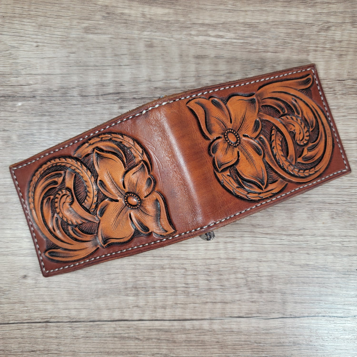 Slim Bi-fold Money Clip Front Pocket Floral Tooled Leather Wallet In-Stock