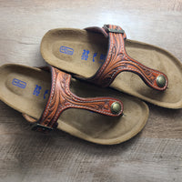 Floral Tooled Leather Gizeh Birkenstock - In Stock