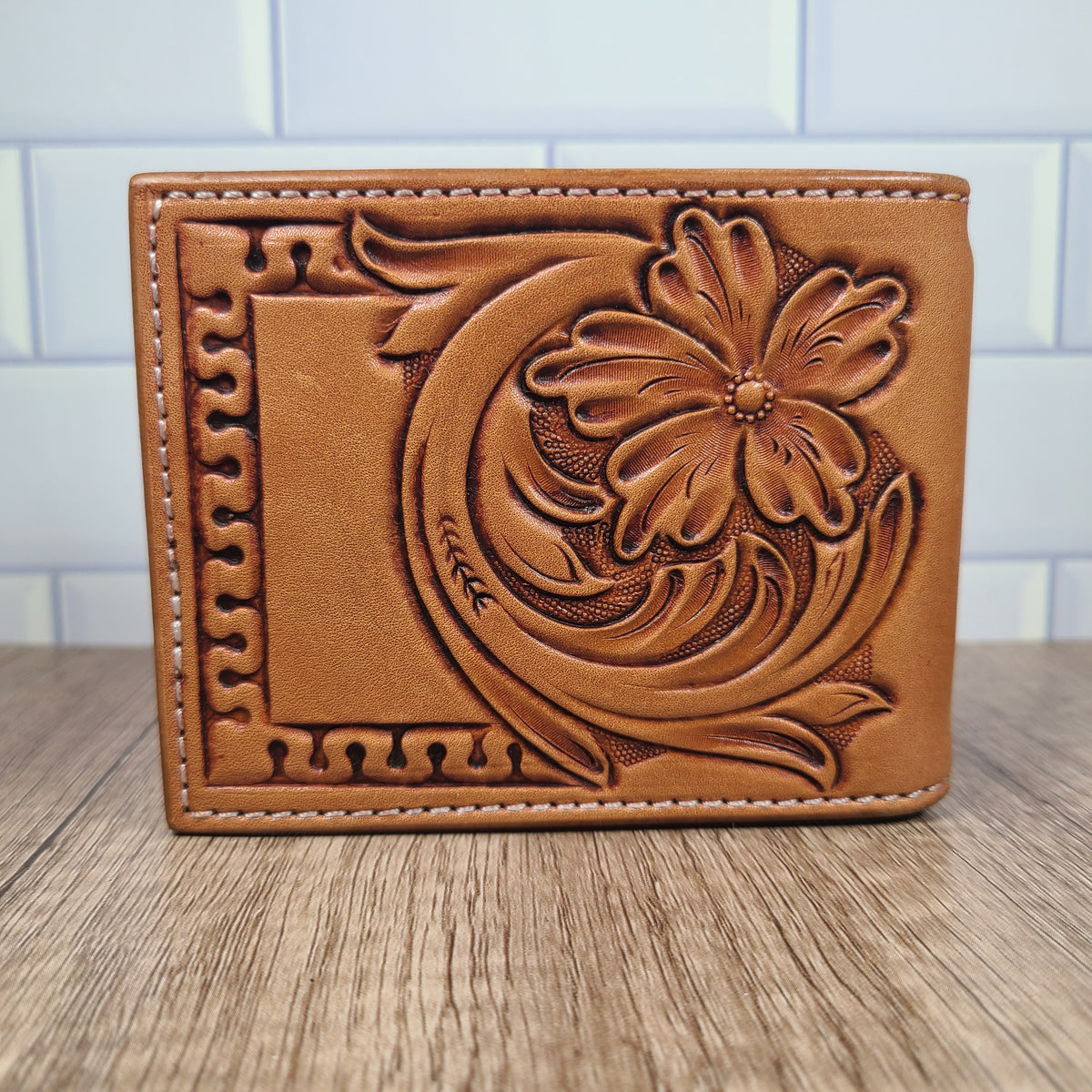 Floral Tooled and Geometric Border Leather Bi-Fold Wallet In-Stock