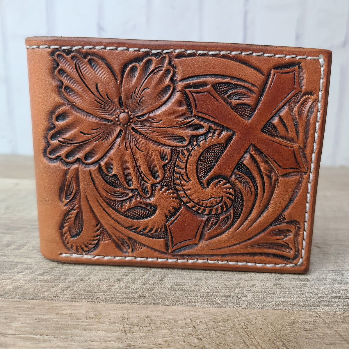 Leather Bi-fold Floral and Cross Wallet