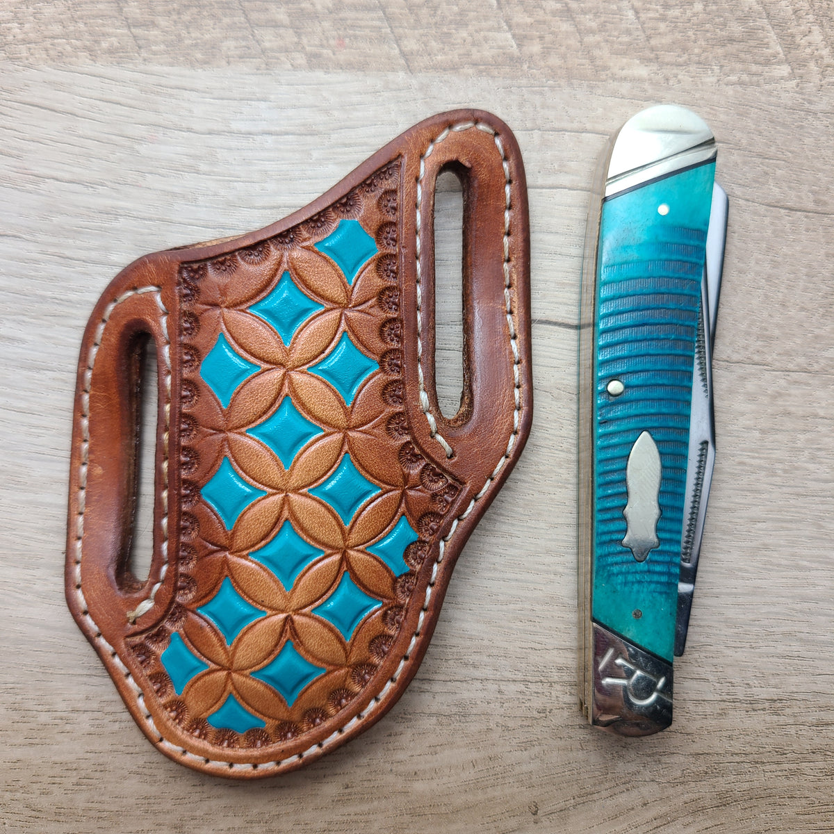 Geometric Stamped Turquoise Sheath and Knife