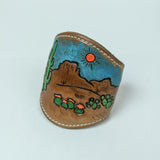 Leather Cuff with carved and painted desert scene with cactus adjustable size