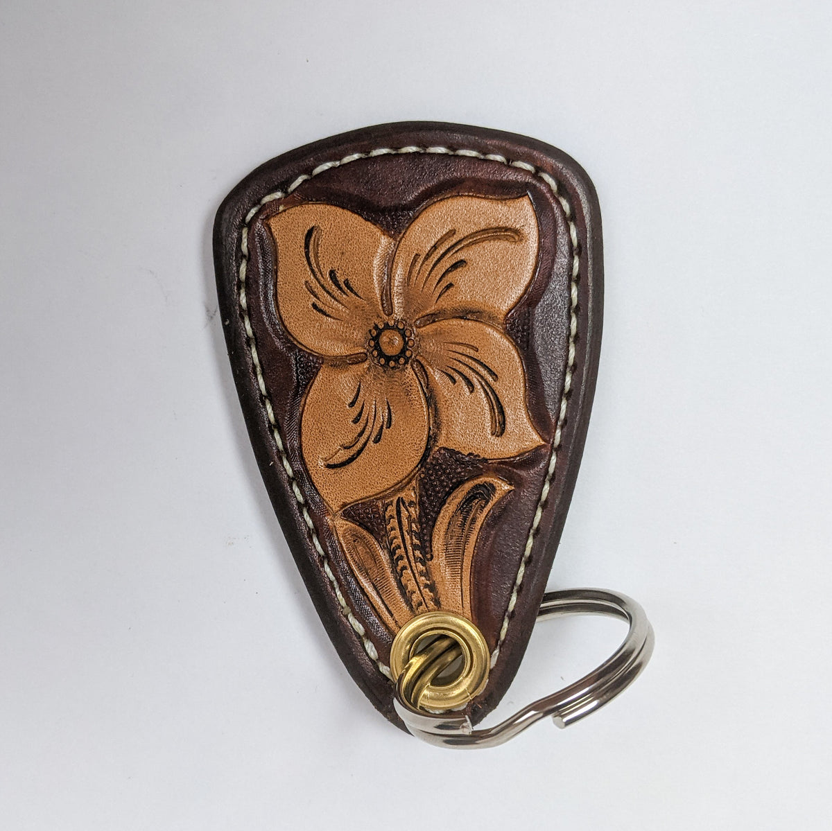 Chocolate key chain with natural tooled leather