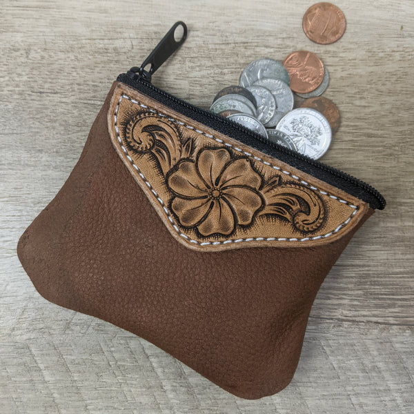 Floral Tooled Leather Coin Purse