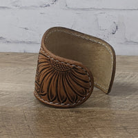 leather cuff made from brown tooled leather. leather bracelet wristband