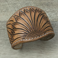 leather cuff made from brown tooled leather. leather bracelet wristband