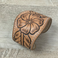 leather cuff made from brown tooled leather. leather bracelet wristband