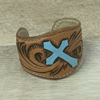 leather cuff made from brown tooled leather. leather bracelet wristband