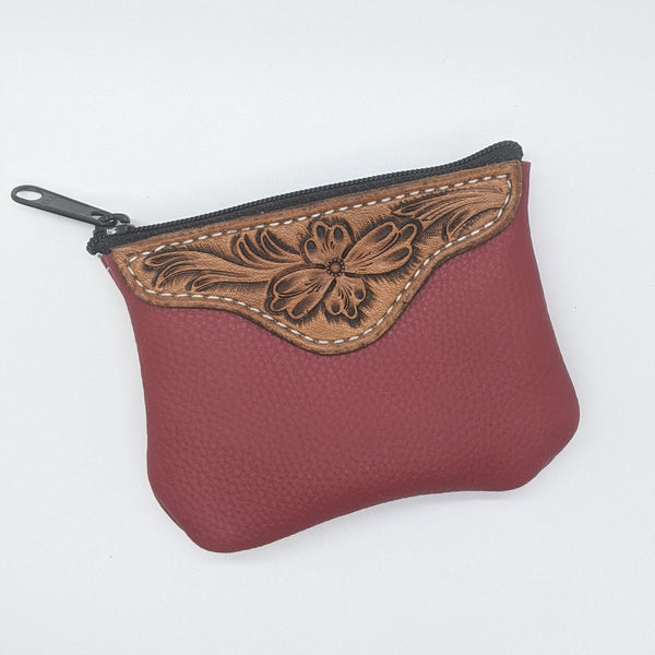 Floral Tooled red Leather Coin Purse