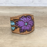 Purple flower leather cuff bracelet