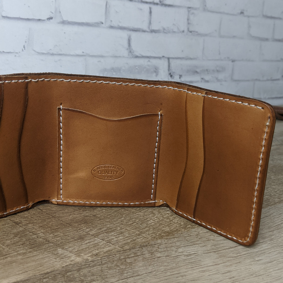 leather trifold wallet geometric stamped with 5 card slots