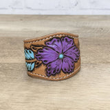 Purple and blue tooled leather cuff bracelet