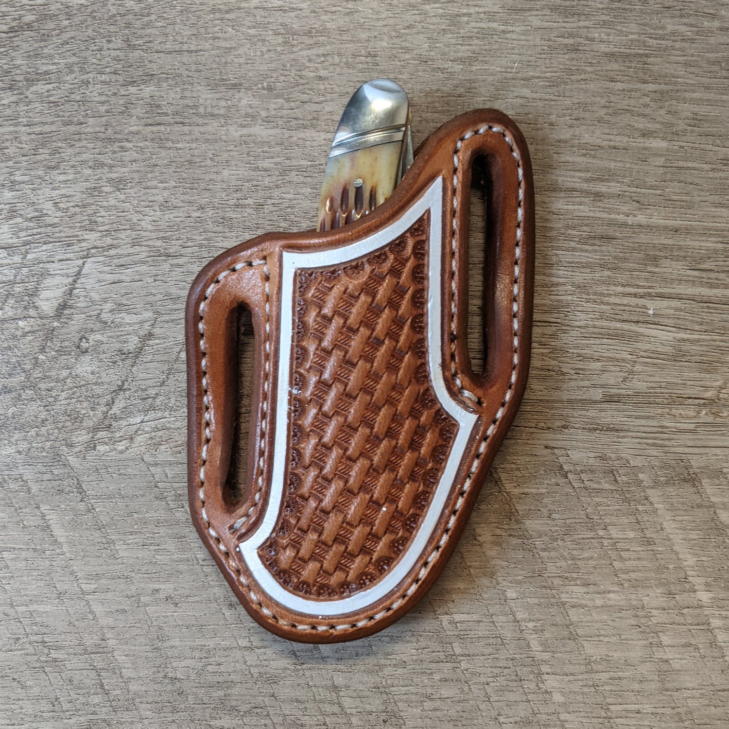 Stag handled Rough Rider Trapper with Leather Basket Stamped Pancake Style sheath