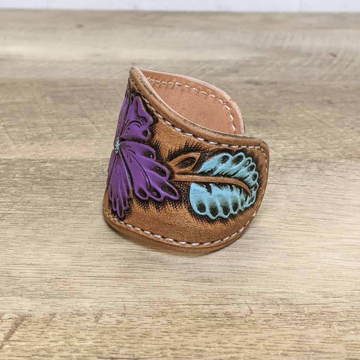Purple and blue tooled leather cuff bracelet