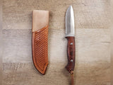 Rough rider hunting knife with basket stamped straight hang leather sheath