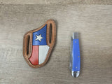 Blue micarta handled Rough Rider Trapper knife with matching Texas flag Leather Pancake Style sheath