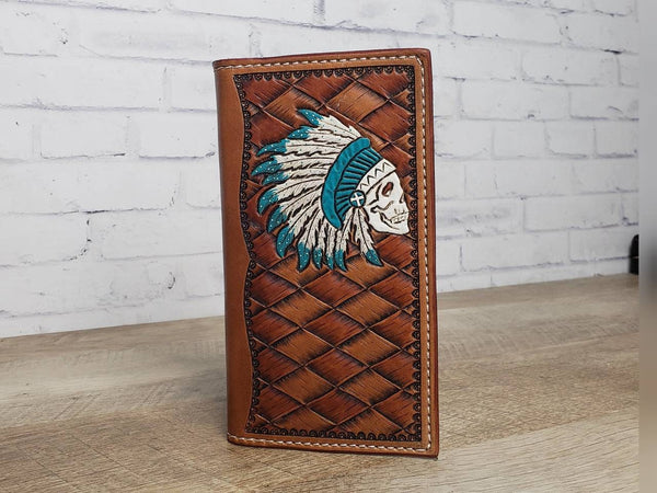 Tall leather roper wallet with weave tooled pattern and turquoise skul ...