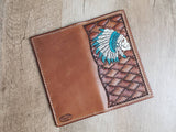 Tall leather roper wallet with weave tooled pattern and turquoise skull and headdress