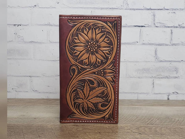 Tall leather roper wallet with tooled sunflower and cannabis leaf patt ...